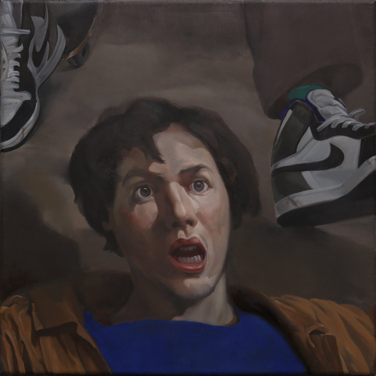 Obraz Michała Żądły pt. Upadek na placu Matejki, olej na płótnie, 45 x 45 cm, 2022